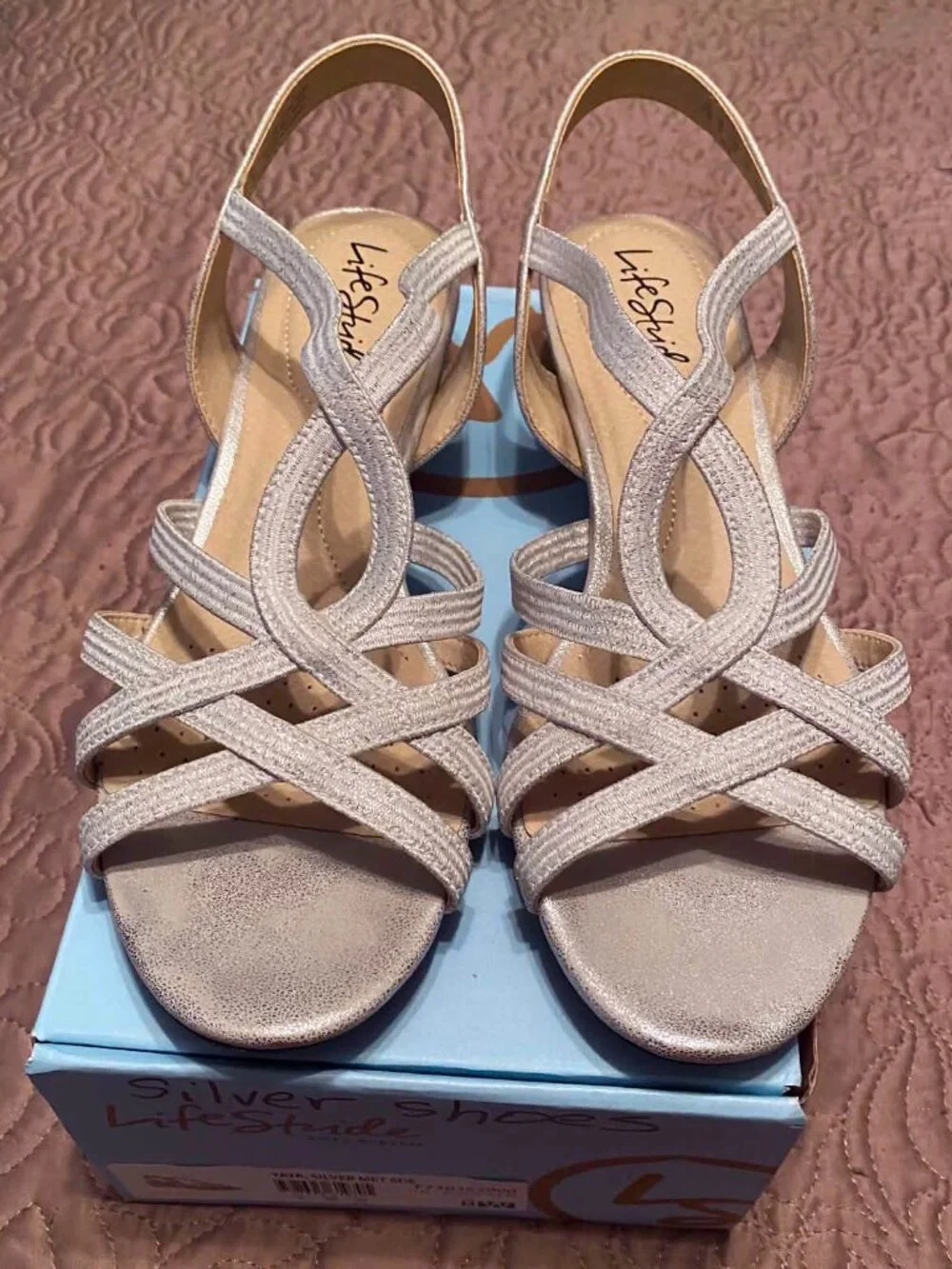 LIFE STRIDE SILVER STRAP CRISSCROSS SLINGBACK SANDALS